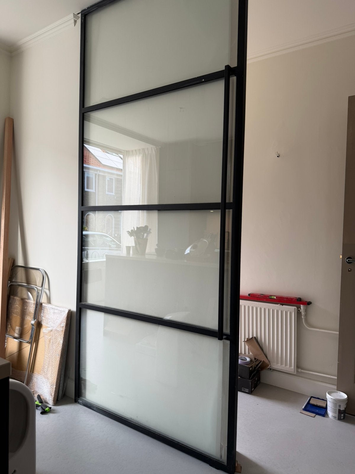 Zwart stalen schuifdeur met glas, Gebruikt, 215 cm of meer, Binnendeur, Glas