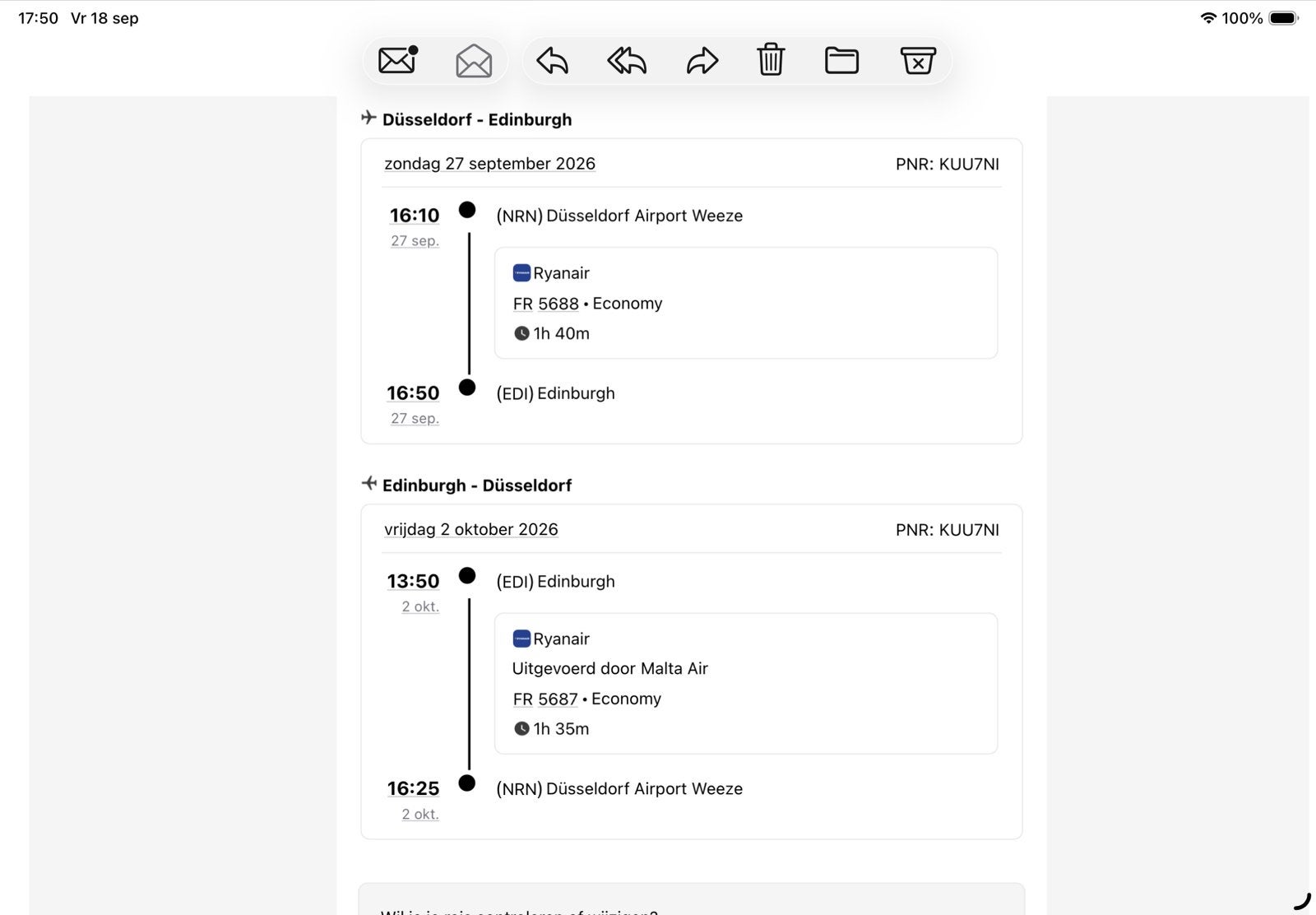 Vliegticket Retour Weeze Edinburgh, Tickets en Kaartjes, Eén persoon, Vliegtuig, Met bestemming of datum