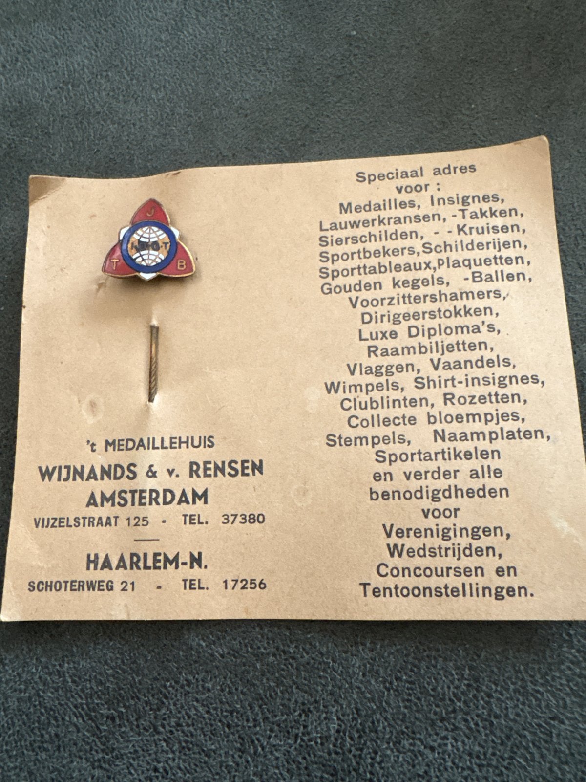 Vintage JTB Speldje - Medaille Huis Wijnands & v. Rensen, Ophalen of Verzenden, Zo goed als nieuw, Overige onderwerpen, Speldje of Pin
