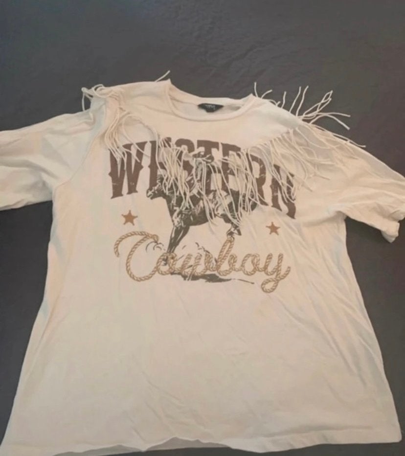 Western Cowboy T-shirt met franjes maat l ms mode, Beige, Maat 42/44 (L), Ophalen of Verzenden, Zo goed als nieuw