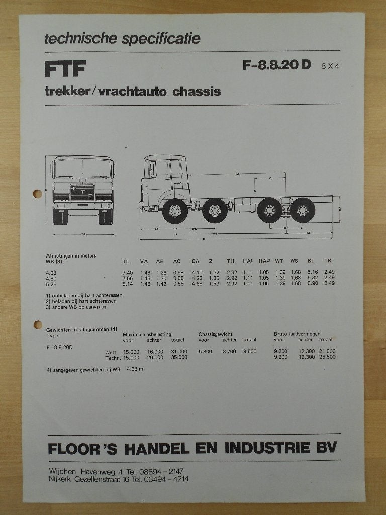 FTF F-8.8.20 D 8x4 ca 1978 Technische Specificatie Brochure, FTF, Ophalen of Verzenden, Zo goed als nieuw, Overige merken