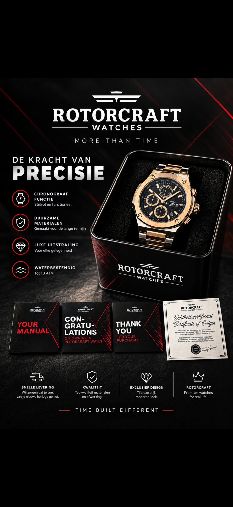 Rotorcraft Chronograaf Herenhorloge - Goud/Zilver met Doos, Overige merken, Staal, Polshorloge, Nieuw