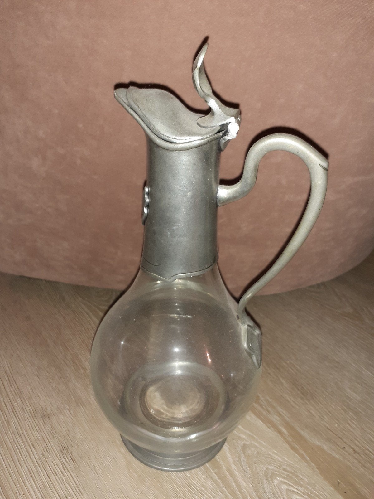 Antieke Glazen Karaf met Tinnen Montuur - Uitstekende Staat, Antiek en Kunst, Ophalen of Verzenden