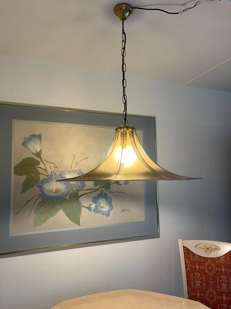Vintage hanglamp met glazen kap, Huis en Inrichting, Lampen | Hanglampen, Ophalen, Gebruikt, Glas, 50 tot 75 cm