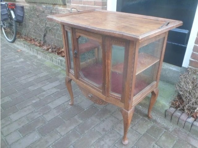 Antiek eiken theekastje kastje geslepen glas theemeubeltje, Ophalen, Gebruikt