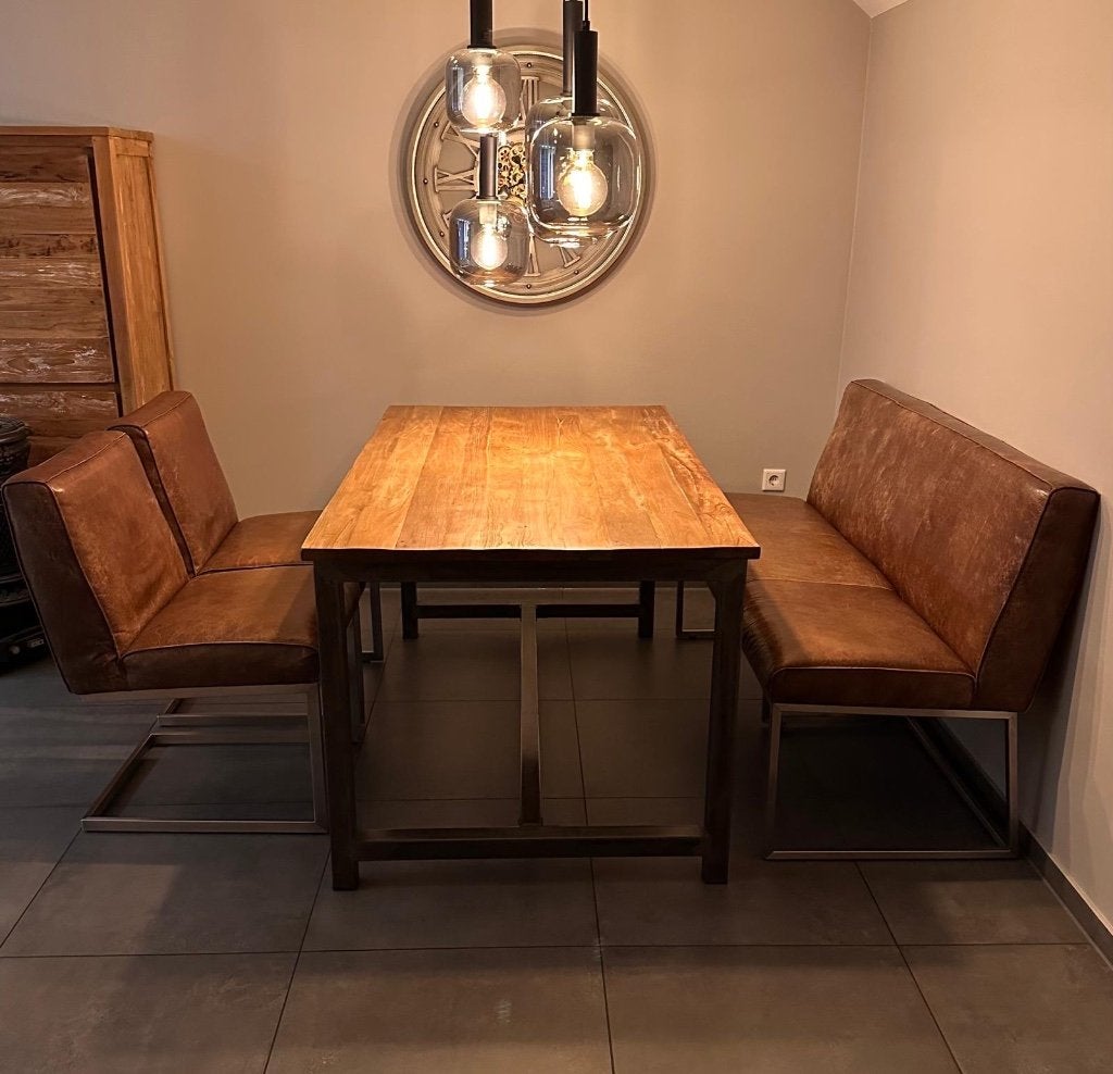 Eetkamerset met bank en 2 stoelen, Ophalen, Gebruikt, Teakhout, 50 tot 100 cm