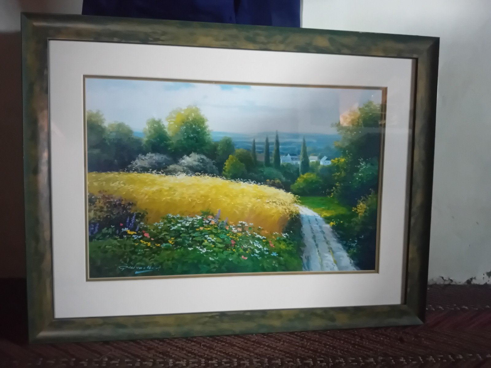 Ingelijste landschapsschilderij met gouden korenveld, Antiek en Kunst, Kunst | Schilderijen | Klassiek, Ophalen of Verzenden