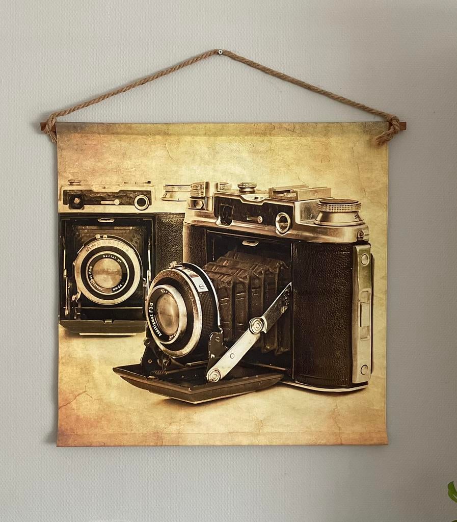Vintage linnen wanddecoratie met oude fototoestellen, Gebruikt, 70 cm, 67 cm, Decoratieobject