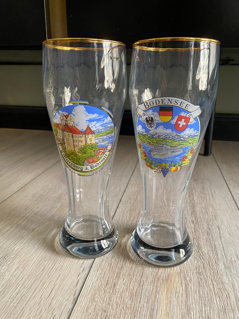 Twee Bodensee bierglazen met gouden rand, Antiek en Kunst, Antiek | Glas en Kristal, Ophalen of Verzenden
