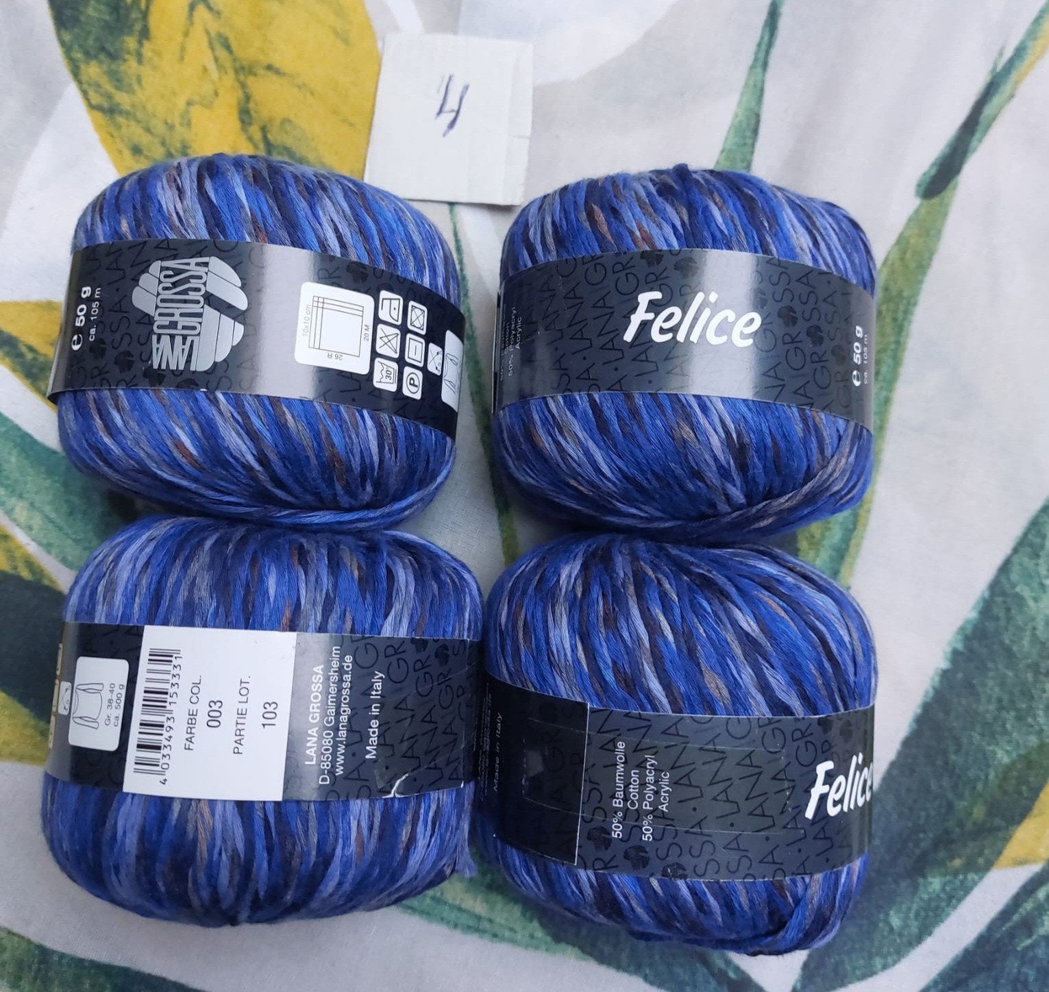 4 klosjes garen blauw gemêleerd (Felice), Ophalen of Verzenden, Nieuw, Breien of Haken, Wol of Garen
