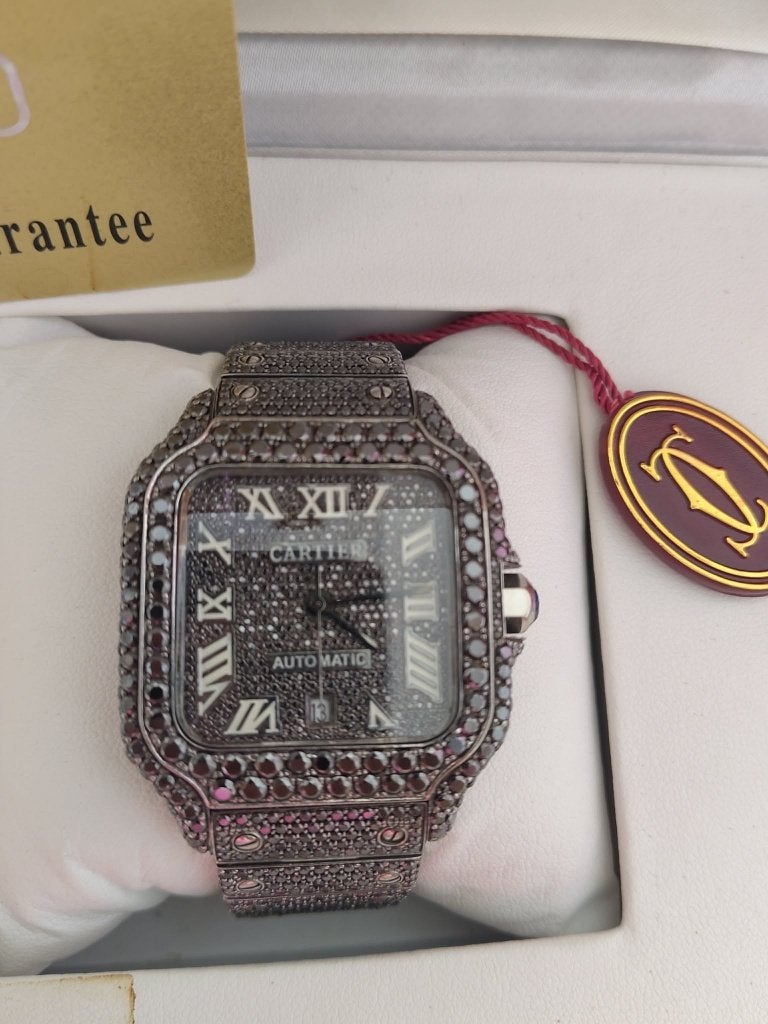 Cartier Santos diamanten moissanite iced out, Ophalen of Verzenden, Staal, Polshorloge, Overige merken