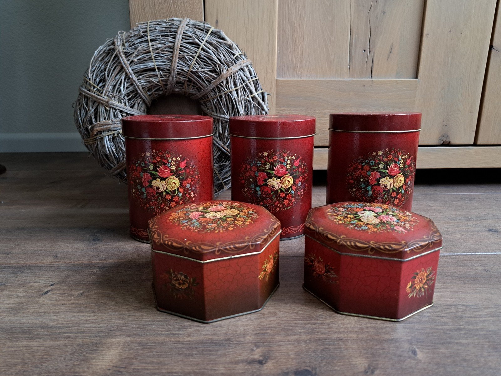 Vintage, dieprood gebloemde bewaarblikken zie omschrijving, Antiek en Kunst, Ophalen of Verzenden