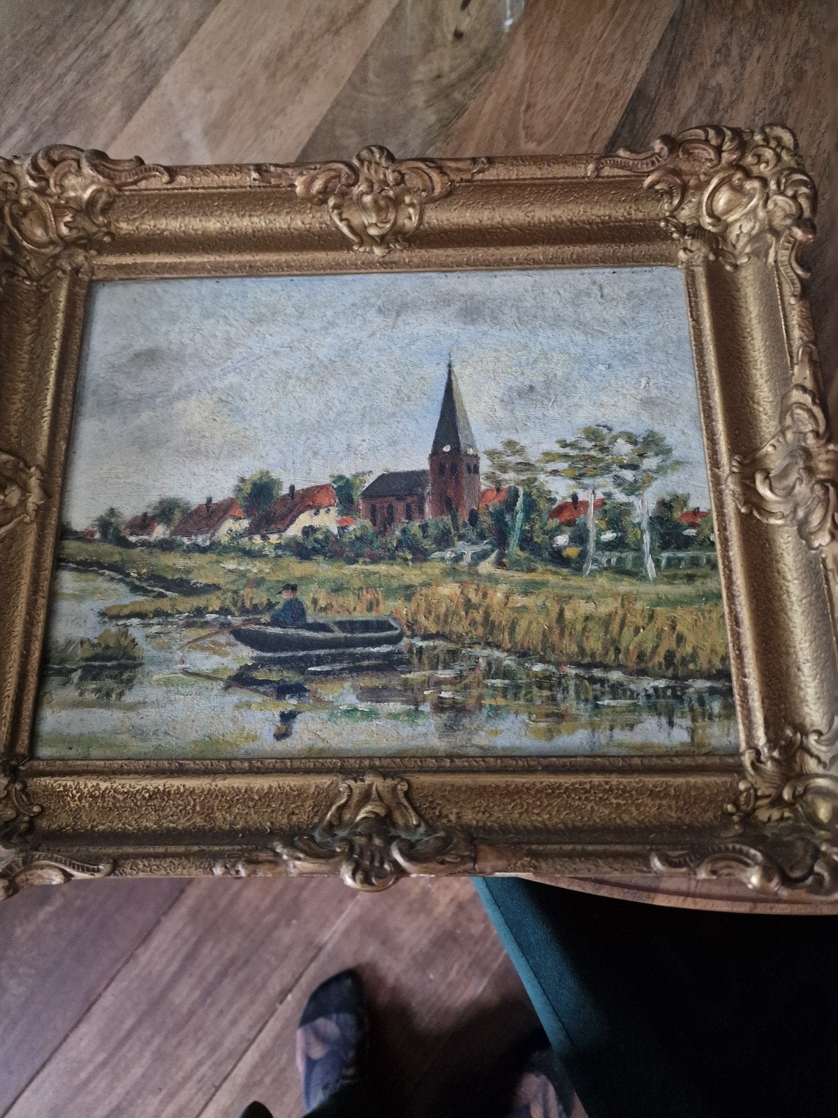 Oud Hollands Landschap met Kerk en Visser - Olieverf 34x30cm, Ophalen of Verzenden
