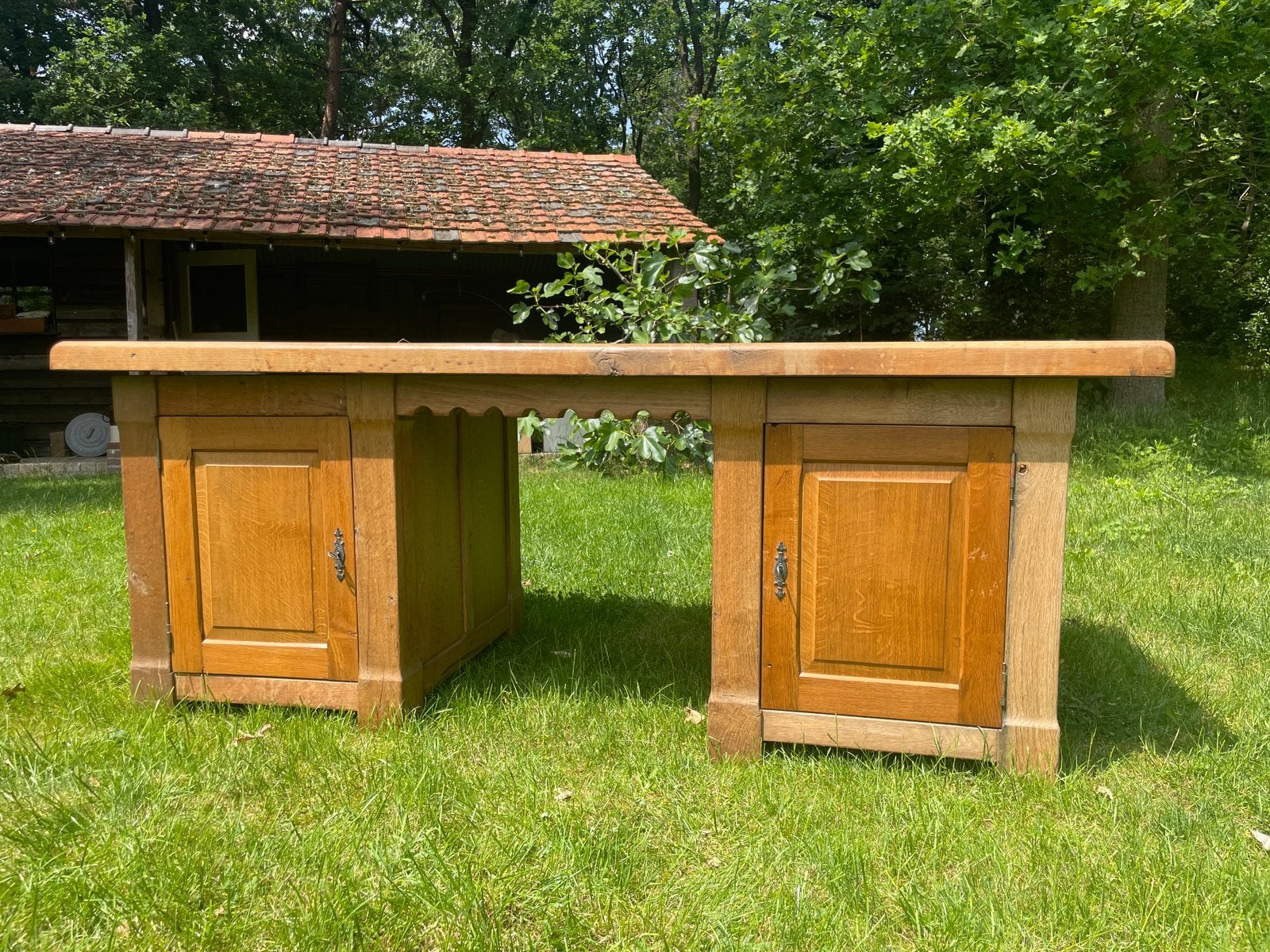 Massief eiken bureau, Gebruikt, Hout, Antiek, 200 cm