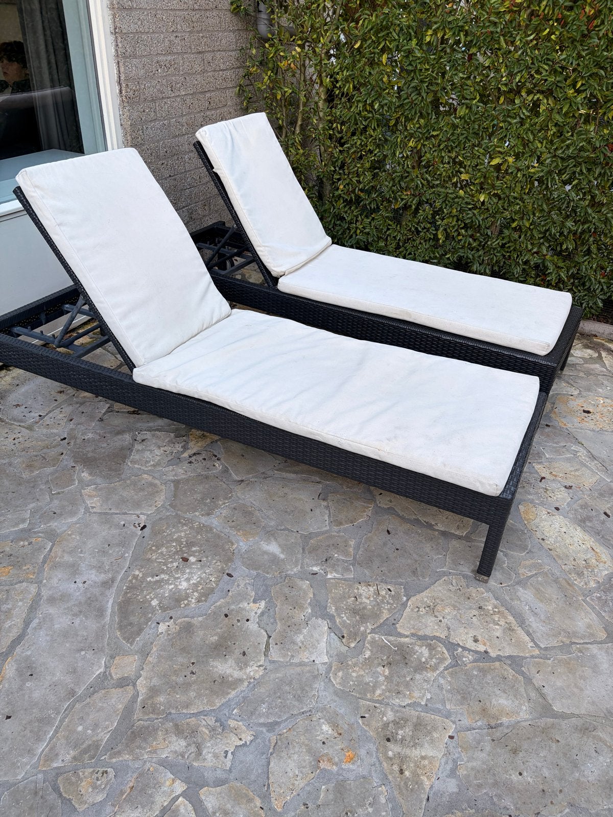 2 Luxe ligbedden met kussens - Verstelbaar en verrijdbaar, Tuin en Terras, Ophalen, Gebruikt, Wicker, Verstelbaar