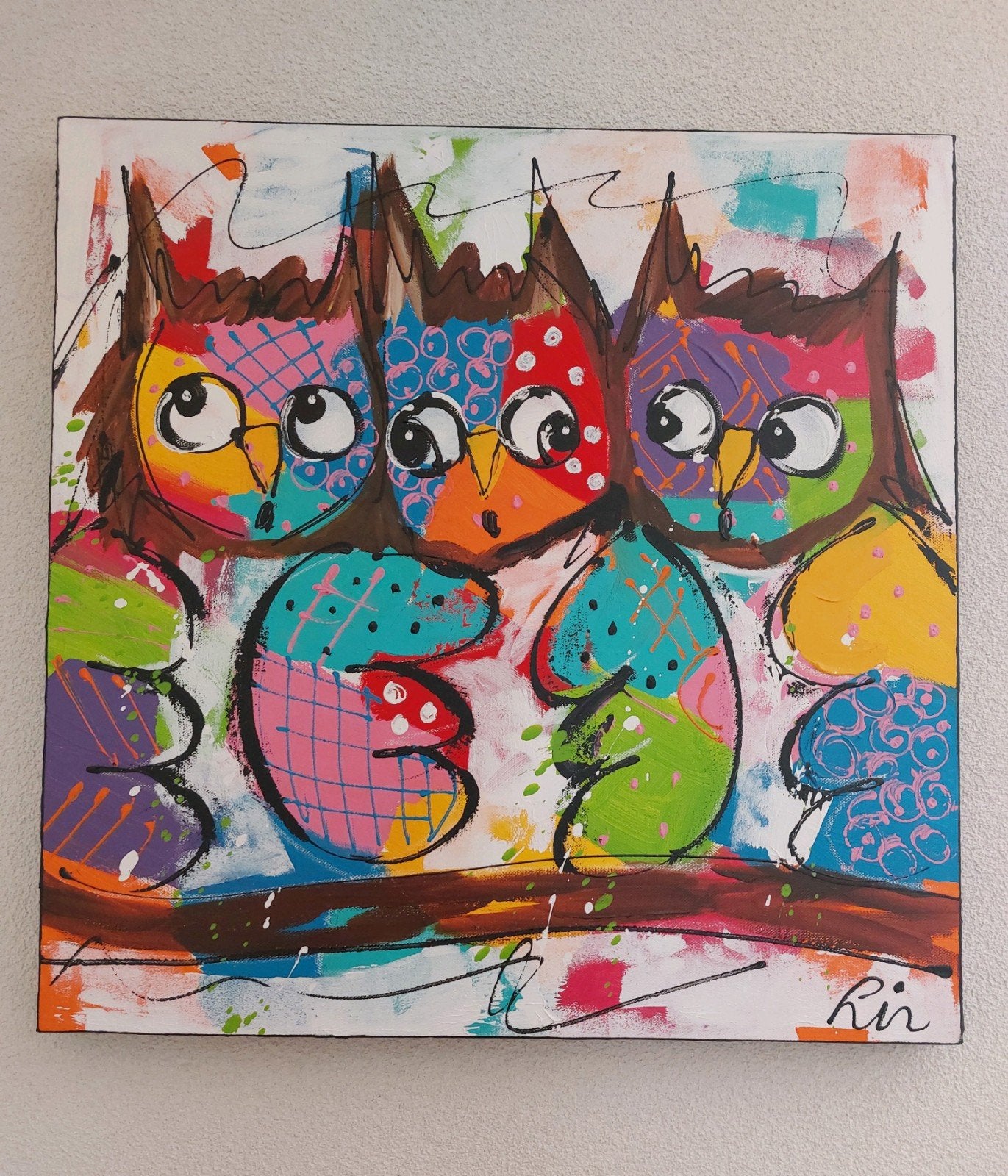 Vrolijk uilen schilderij van Liz 60x60 cm, Antiek en Kunst, Ophalen of Verzenden, Op houten frame, Acrylverf, Dieren