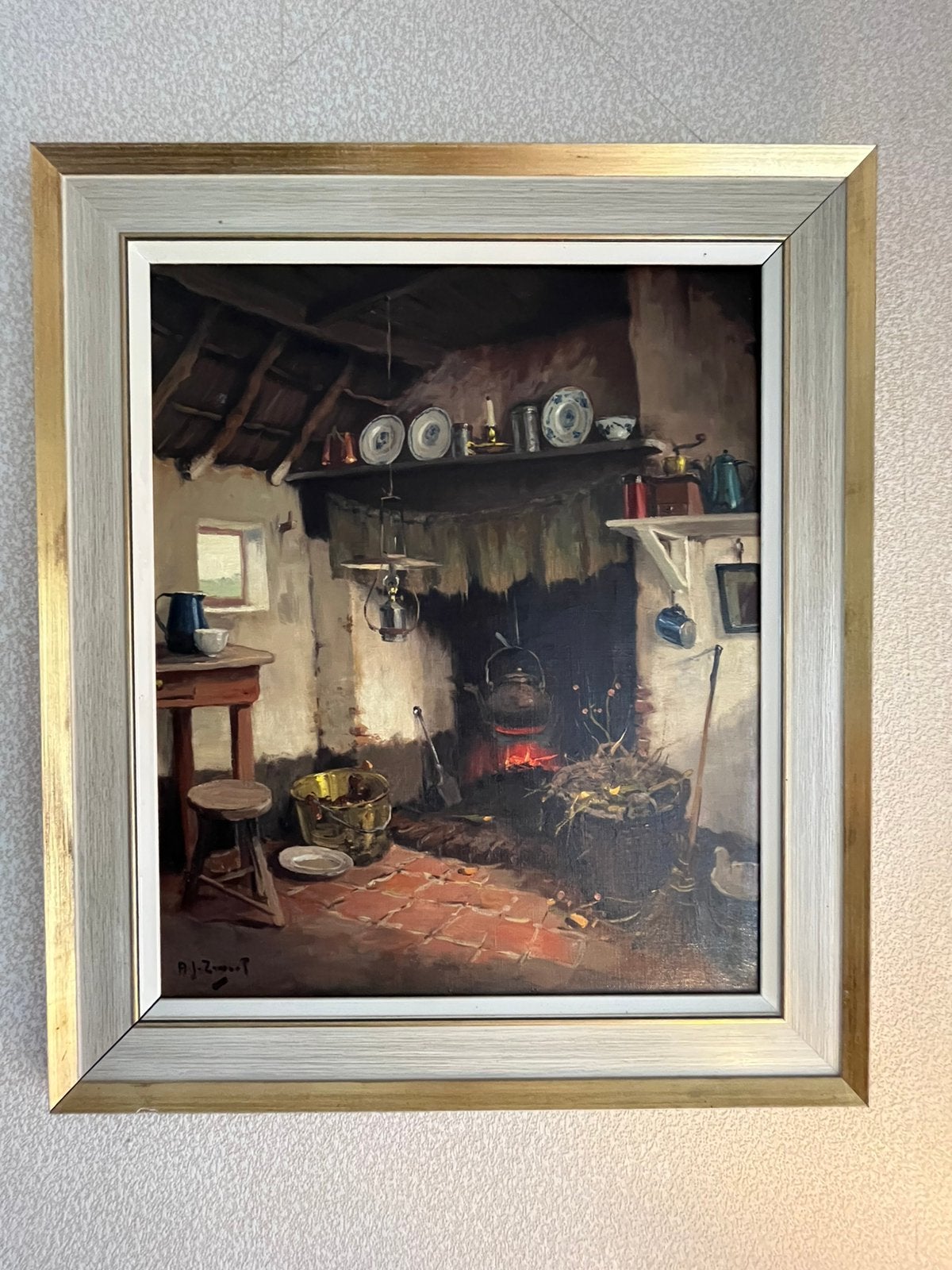 Schilderij boeren interieur, gesigneerd A J Zwart, Ophalen