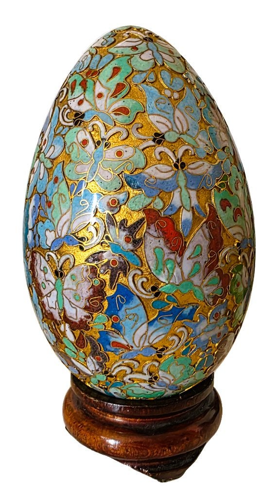 Groot cloisonné ei met vlinders., Ophalen of Verzenden