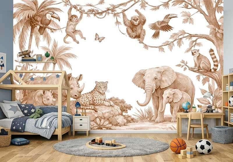 Fotobehang / Behang - Kinderkamer - Safari Dieren Terracotta, Verzenden, Nieuw, Wanddecoratie, Info@fotobehangkoning.nl