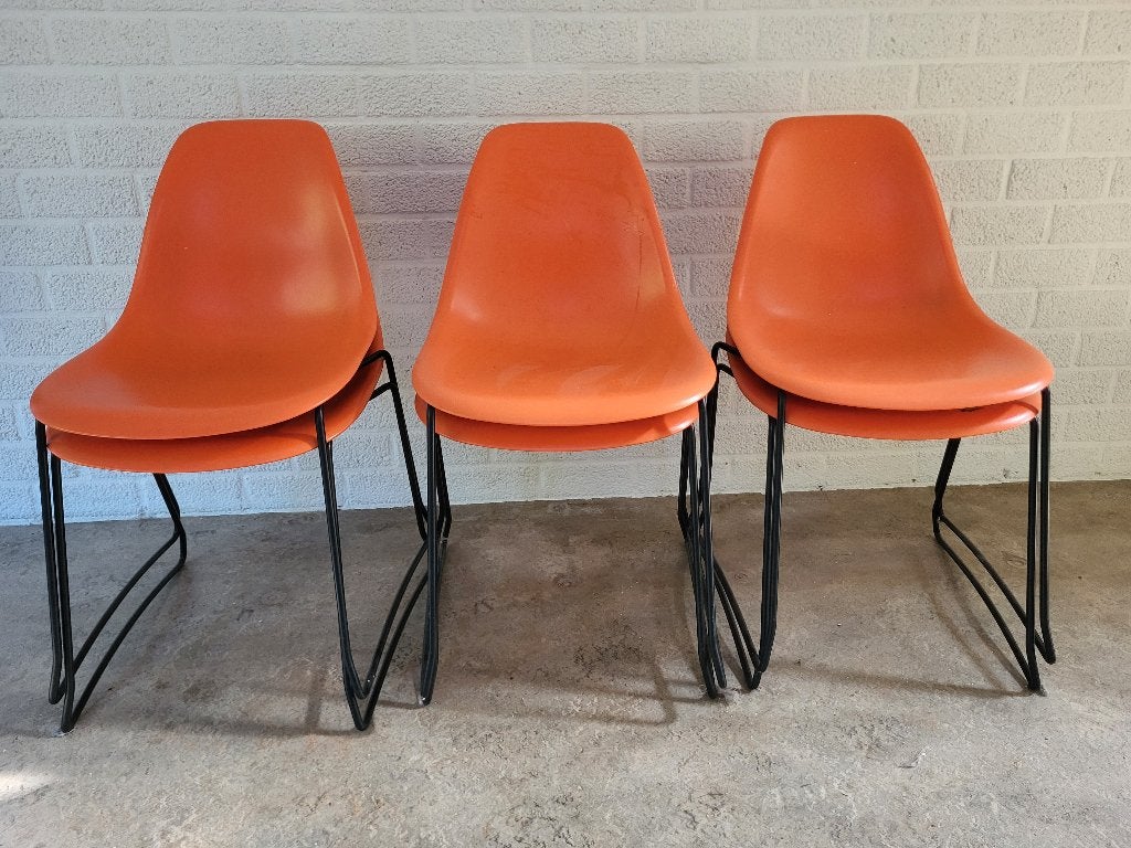 zes oranje eettafelstoelen, Huis en Inrichting, Ophalen, Gebruikt, Overige kleuren, Vijf, Zes of meer stoelen