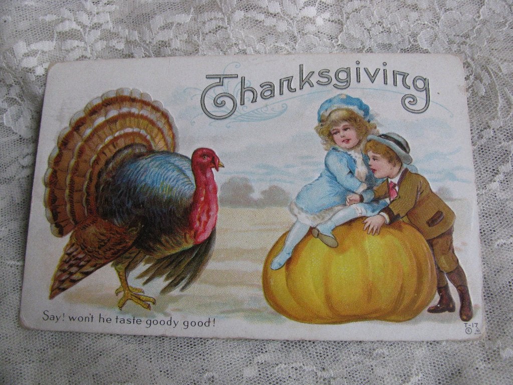 Antieke Thanksgiving Relief Kaart - Kinderen Kalkoen Pompoen, Verzamelen, Verzenden, Voor 1920, Ongelopen, Feest(dag)