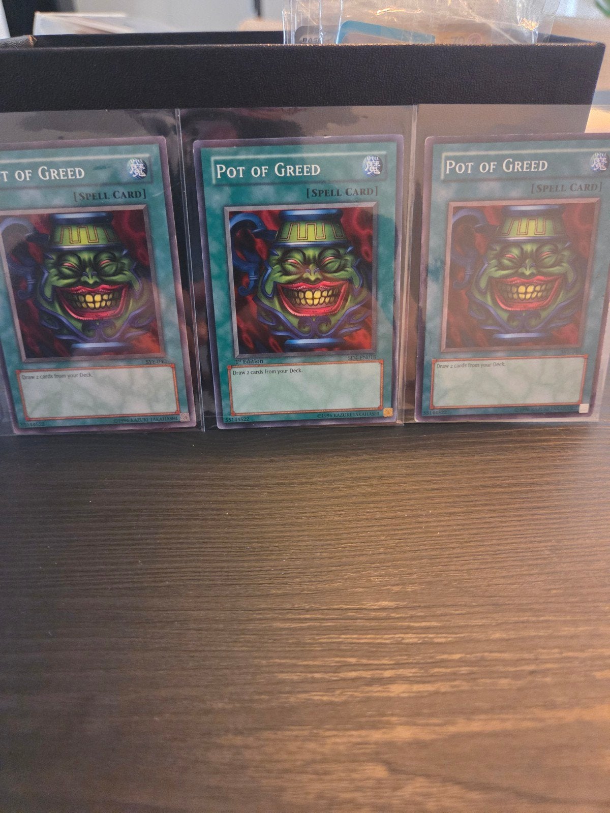 Yu-Gi-Oh! Pot of Greed Spell Card (3 stuks), Ophalen of Verzenden, Gebruikt, Meerdere kaarten