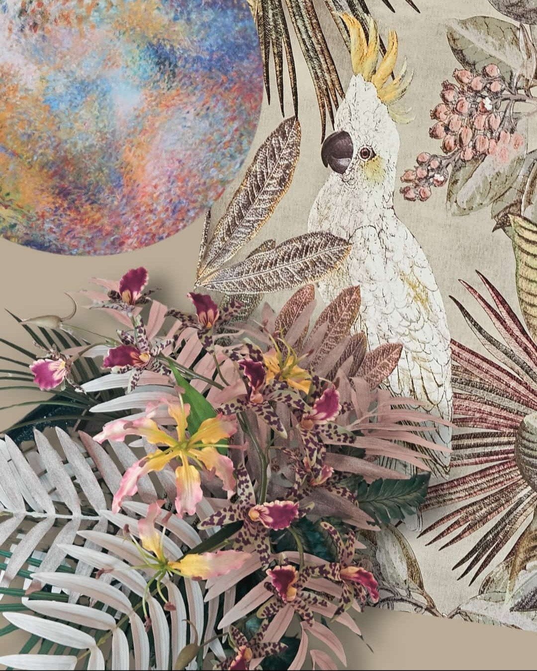 Prachtig kunstbloemstuk met orchideeën en palmbladeren, Ophalen, Binnen, Nieuw, Textiel