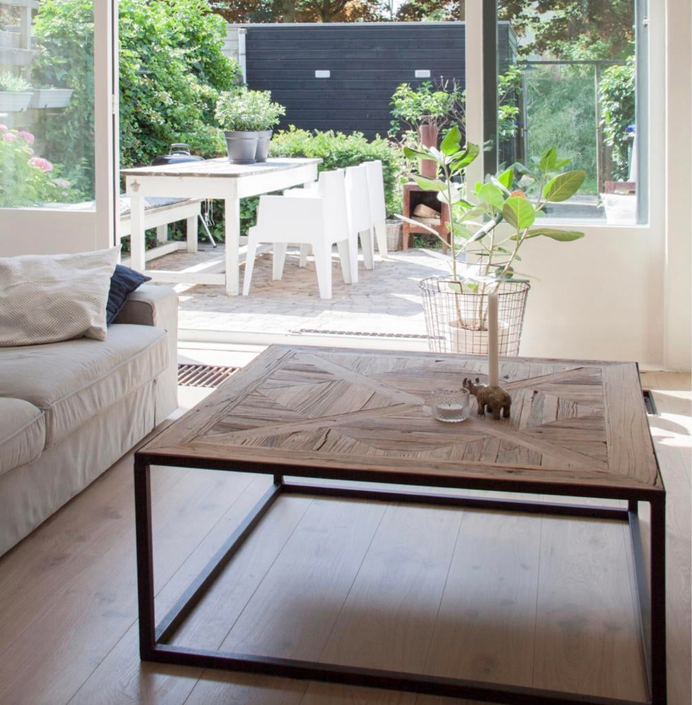 Unieke salontafel met massief eiken kloosterhout, Huis en Inrichting, Ophalen, Gebruikt, 100 tot 150 cm, 50 tot 100 cm