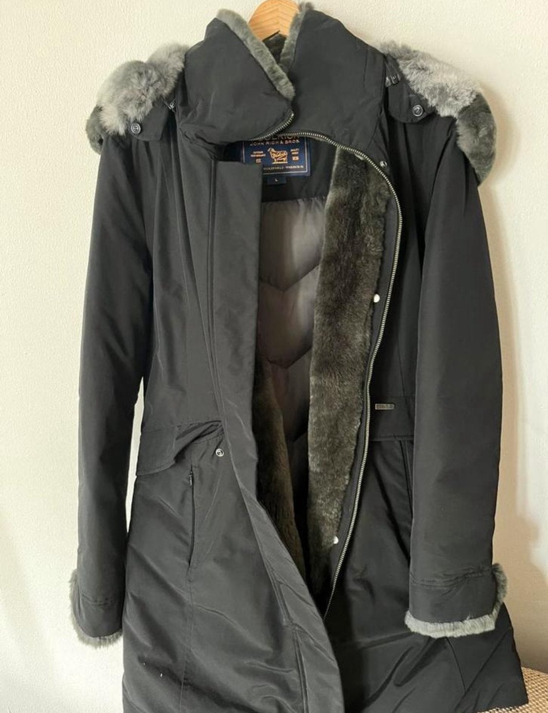 Zgan Woolrich winterjas dames maat L parka john rich design, Ophalen, Zo goed als nieuw, Maat 38/40 (M), Zwart
