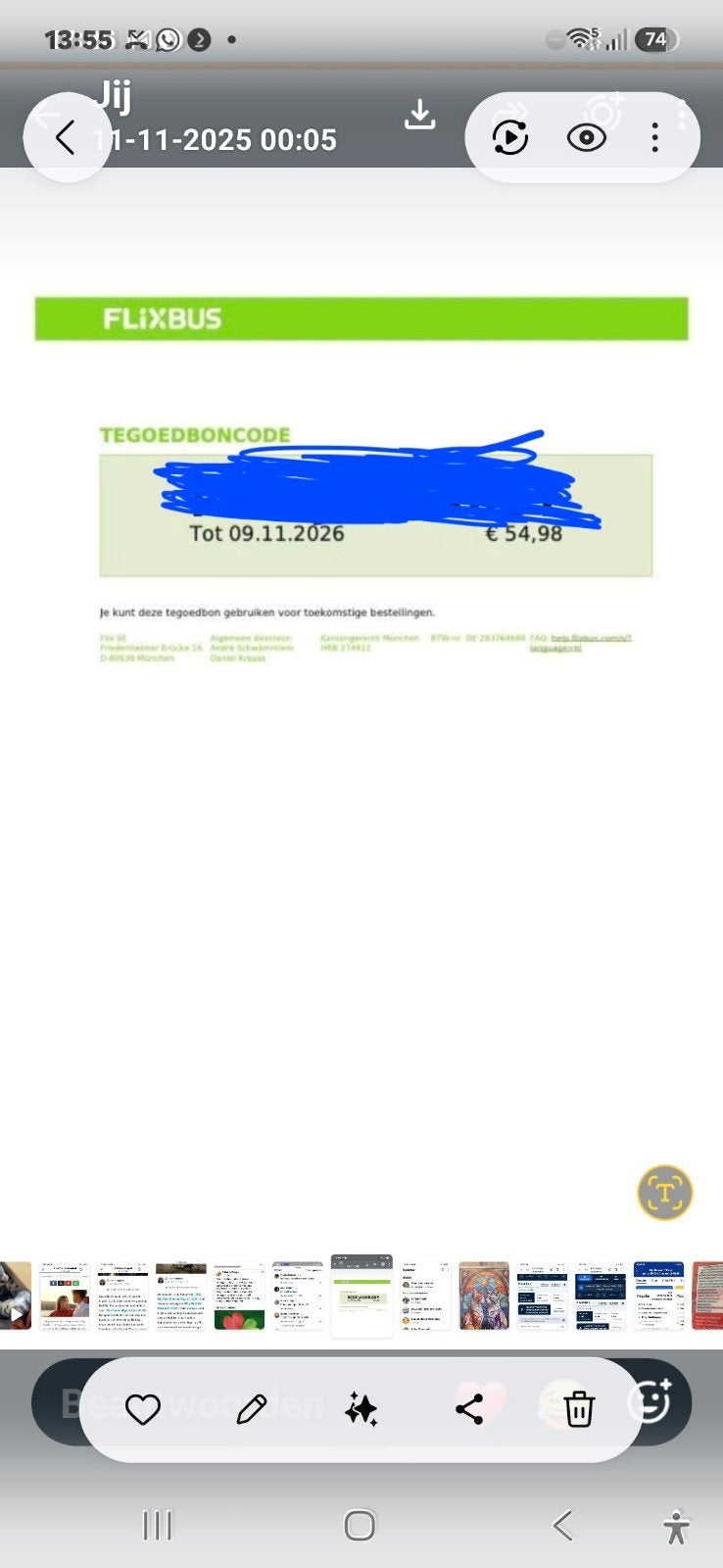Flixbus tegoed tm 9/11/2026 twv €54.95, Eén persoon, Cadeaubon