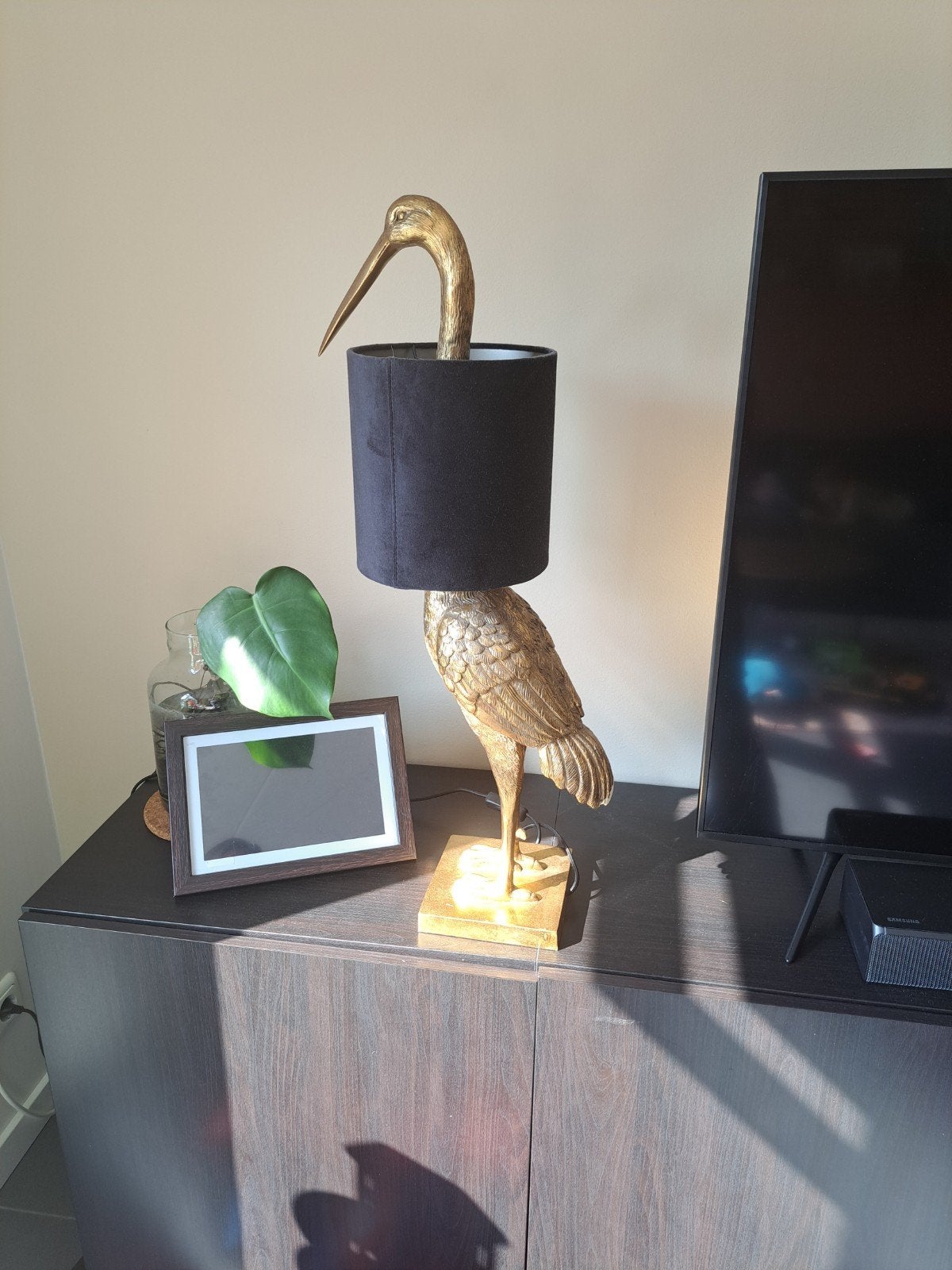 Tafellamp goudkleurige kraanvogel met zwarte kap, Metaal, Gebruikt, Ophalen of Verzenden, Goud