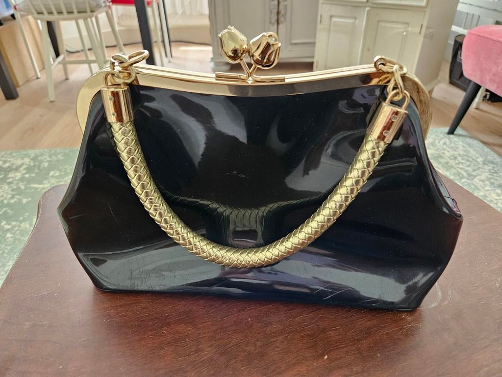 Vintage laklook handtas 'Collectif Londen' IN PRIJS VERLAAGD, Ophalen, Zo goed als nieuw, Zwart, Avondtasje