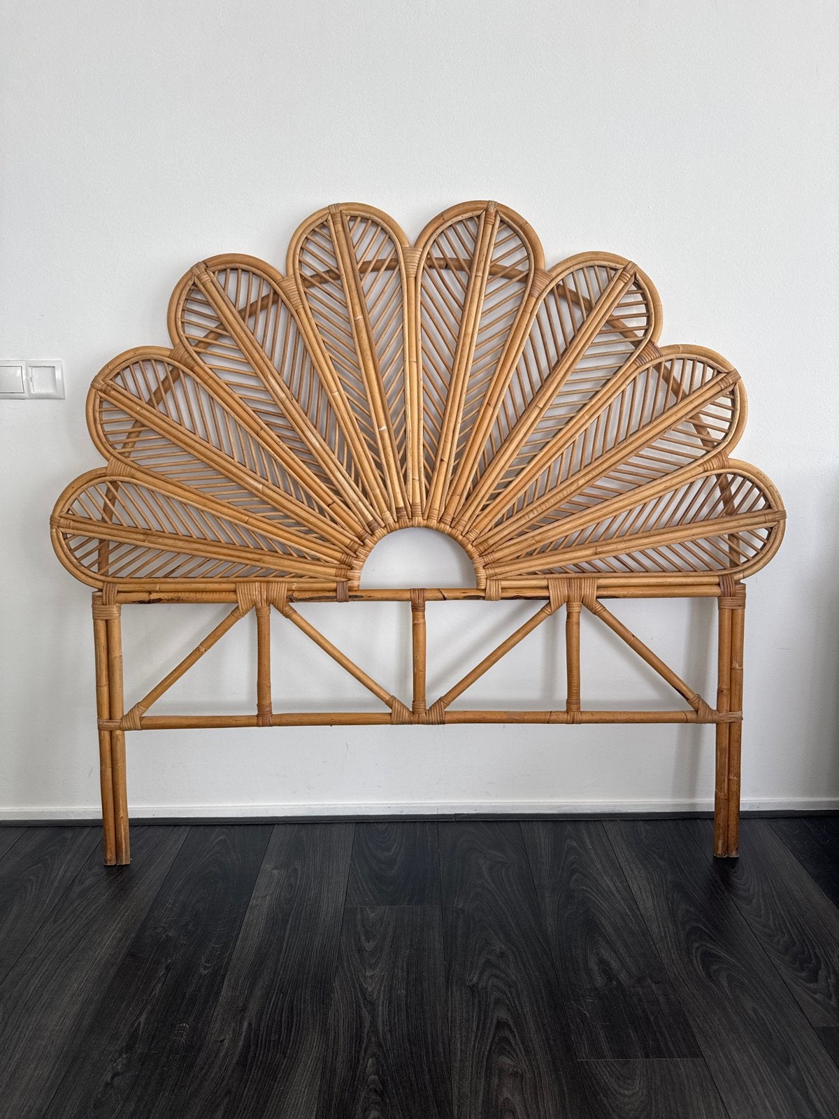 Vintage rotan hoofdbord 155 cm - Boheemse stijl, Overige materialen, Bruin, Tweepersoons, Zo goed als nieuw