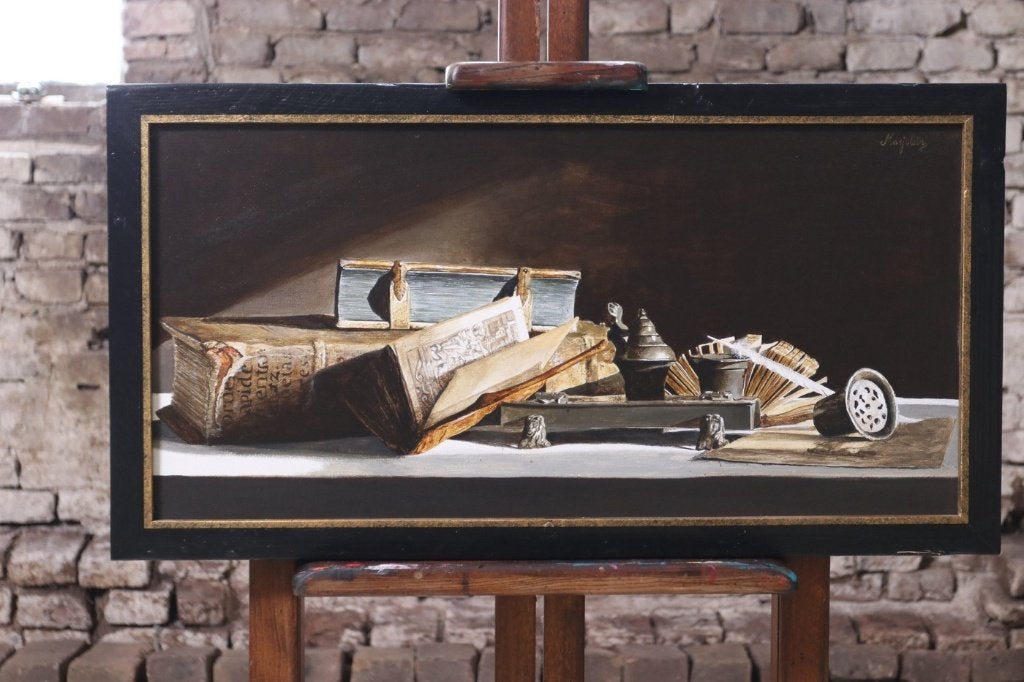 Stilleven tinnen inktstel, boeken – Marjolein van den Berg, Ophalen, Acrylverf, Gesigneerd, Stilleven