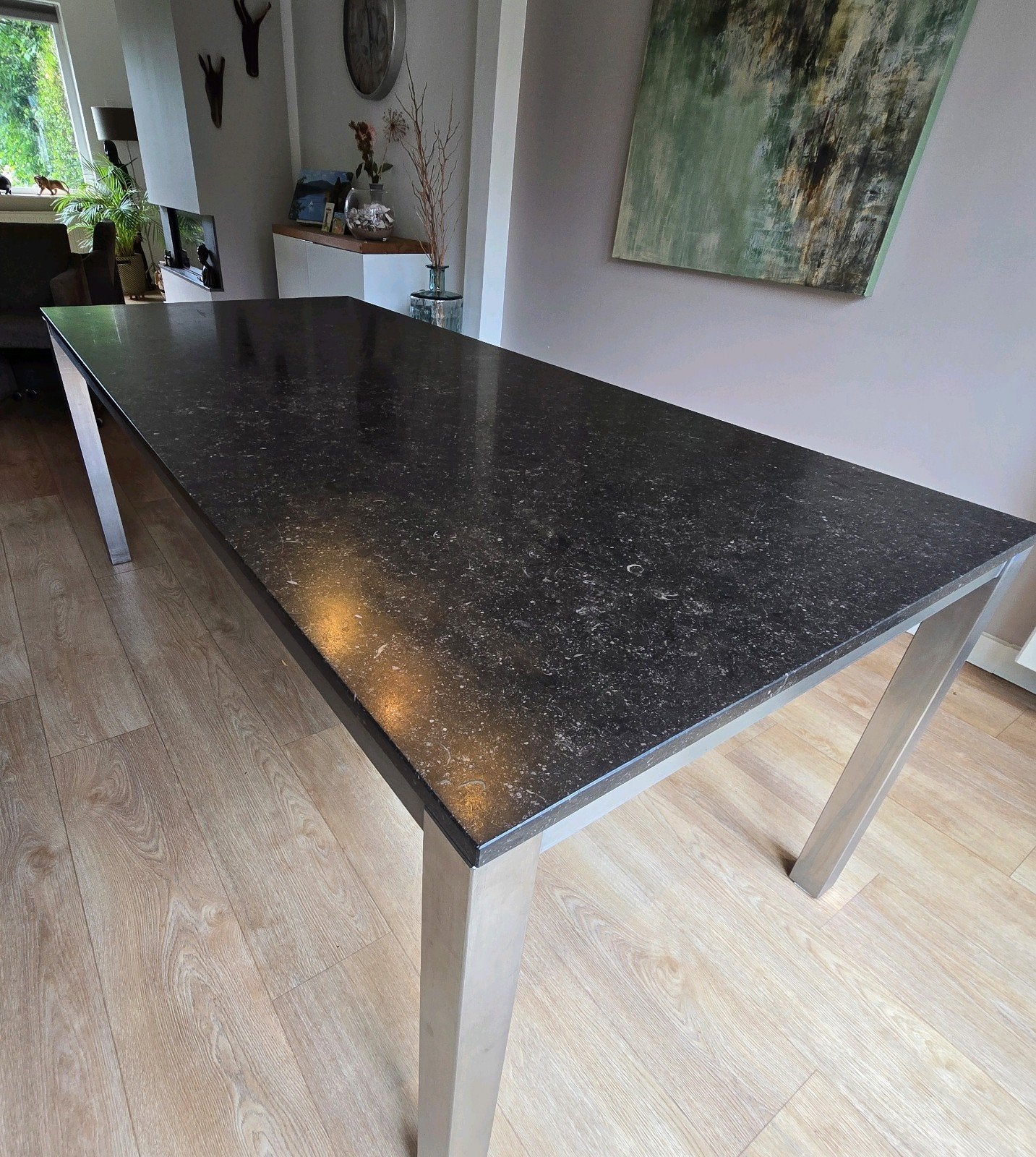 ARCO eettafel met belgisch hardstenen blad en rvs onderstel, Ophalen, Gebruikt, Modern, Industrieel, 50 tot 100 cm