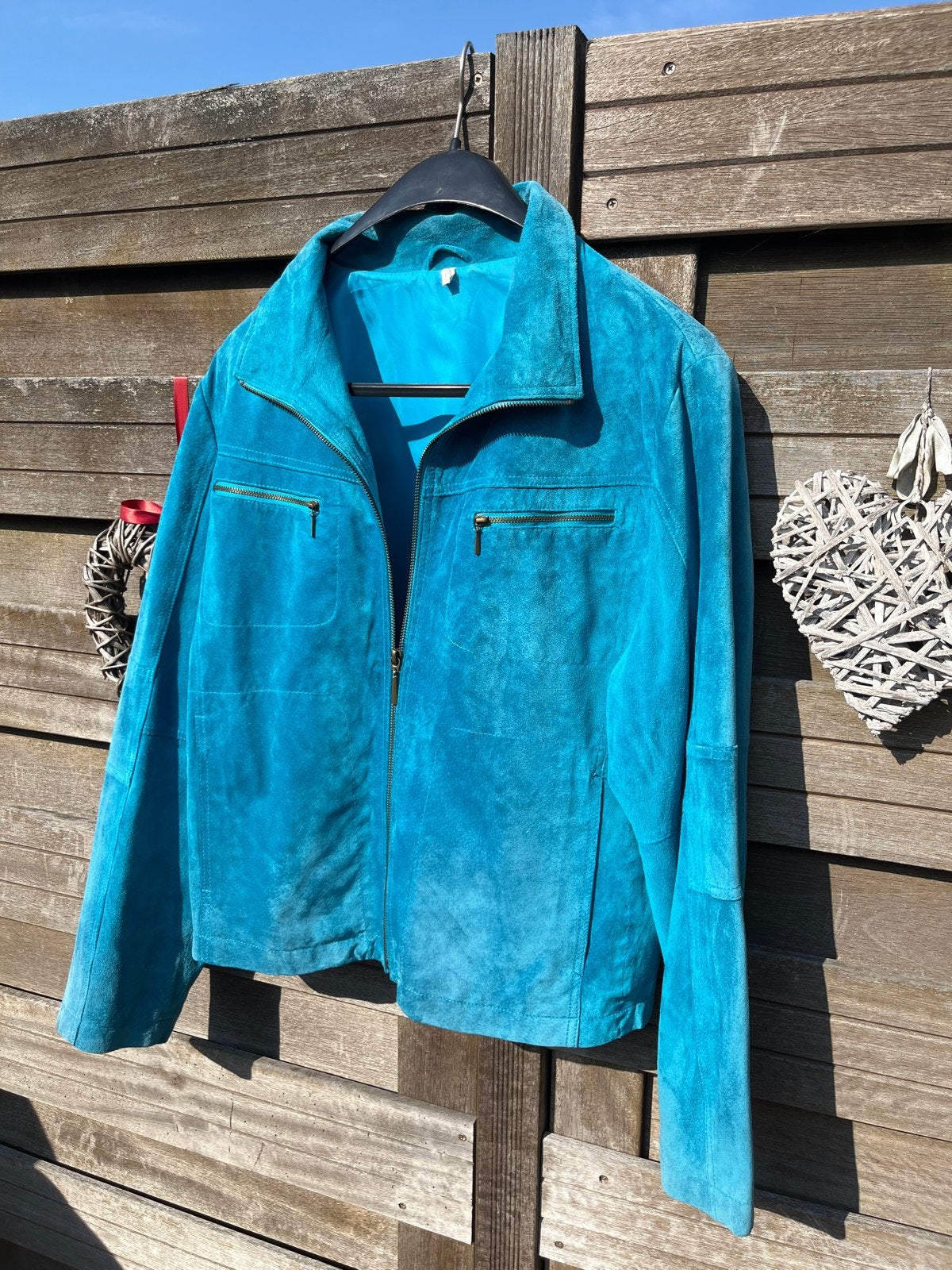 Turquoise suède leren jas, Ophalen of Verzenden, Gedragen, Maat 42/44 (L), Blauw