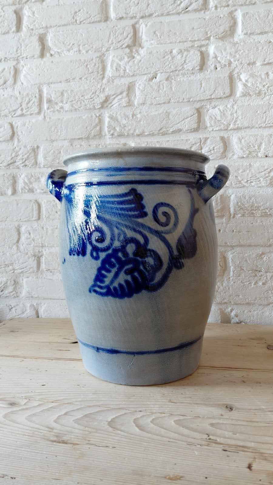 Antieke grespot / Keulse pot met blauw decor – 33 cm h, Ophalen, Gebruikt, Rond, Aardewerk