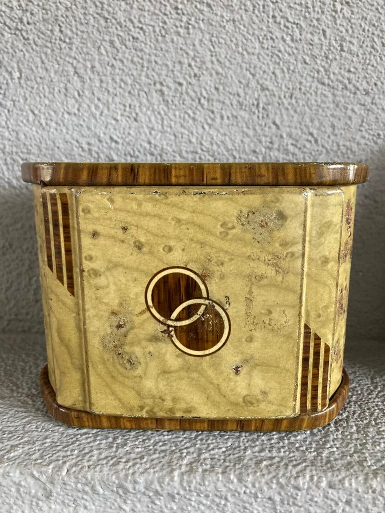 Art deco metalen doosje met houtnerf en cirkelpatroon, Antiek en Kunst, Ophalen of Verzenden