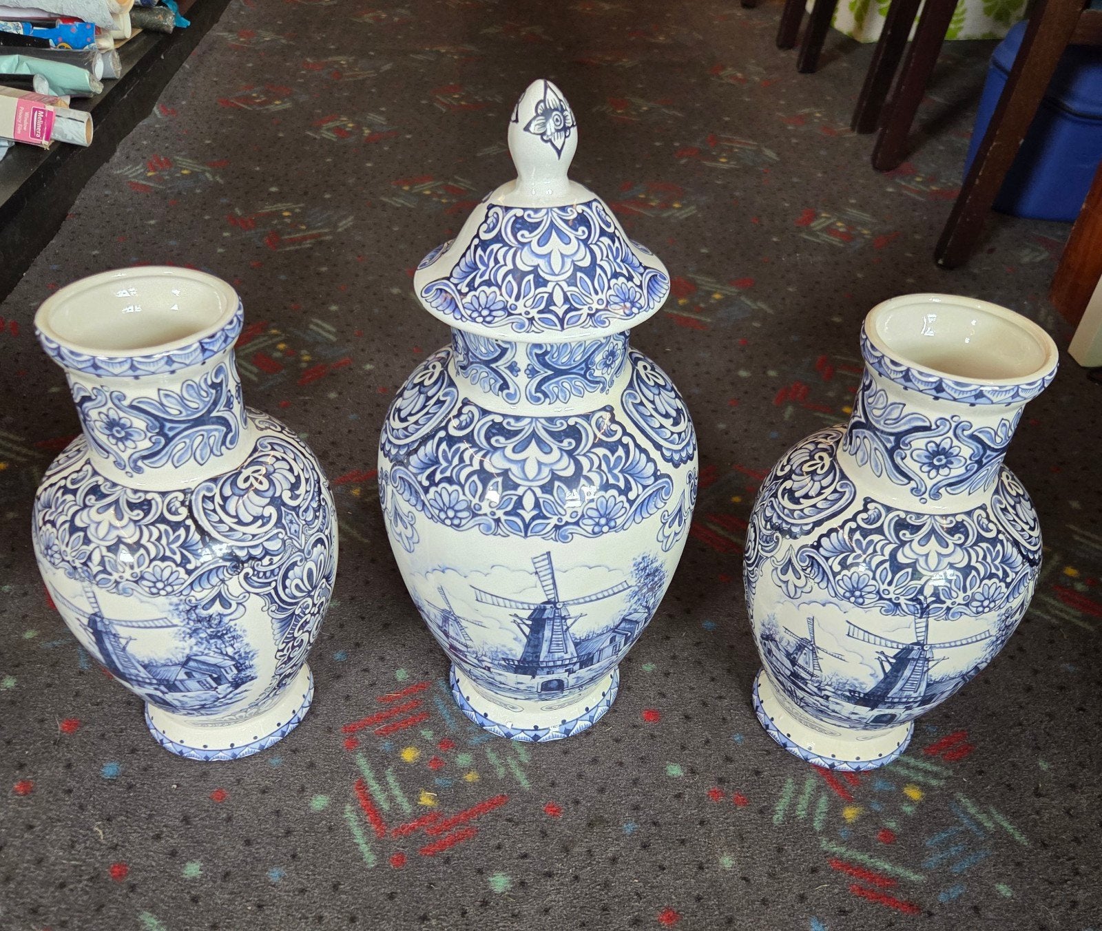 Set van 3 Delfts Blauwe Vazen met Molendecor, Antiek en Kunst, Ophalen of Verzenden
