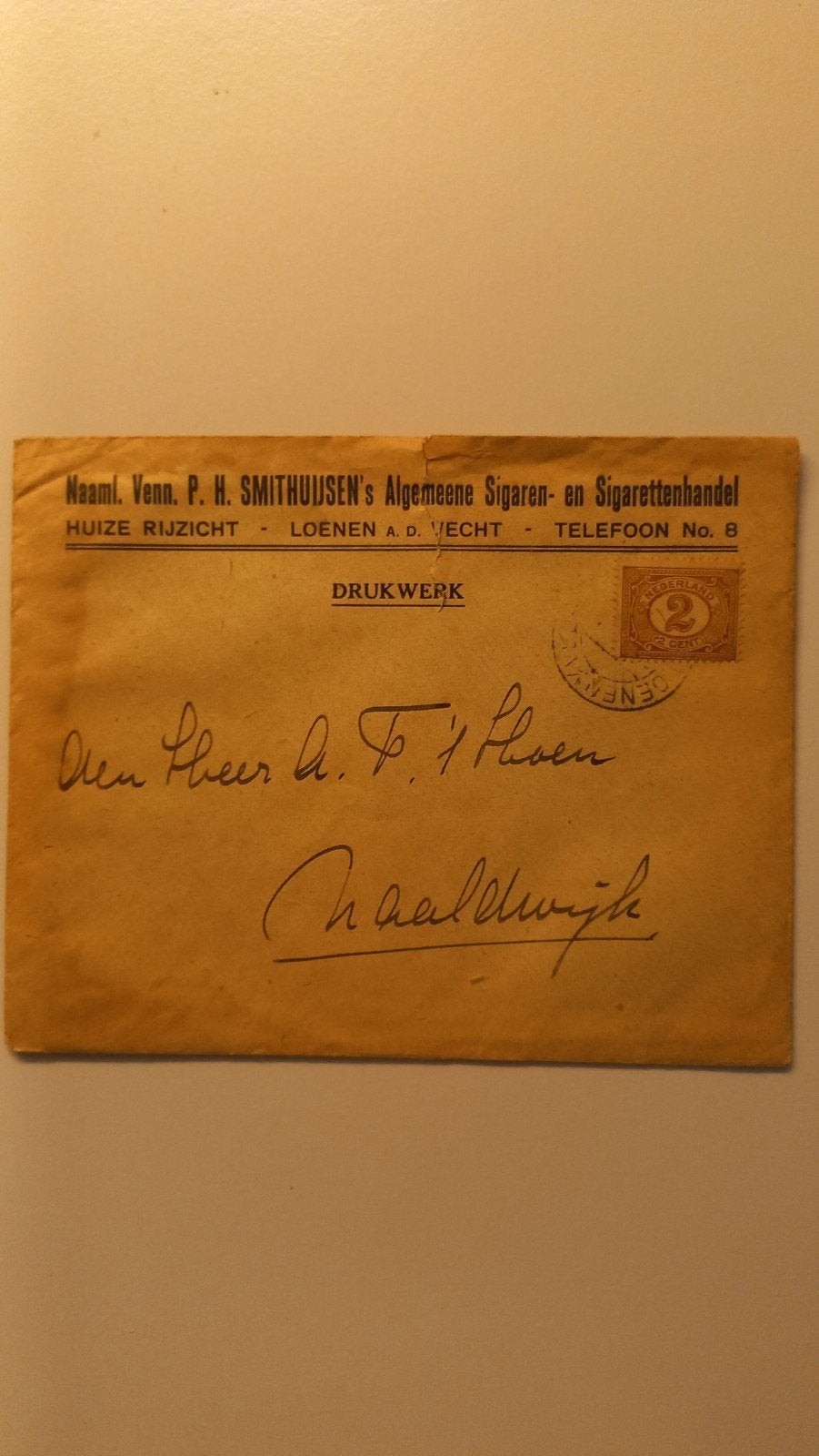 Oude Envelop met Prijslijst Sigarenhandel 1922, Postzegels en Munten, Brieven en Enveloppen | België, Ophalen of Verzenden, Envelop