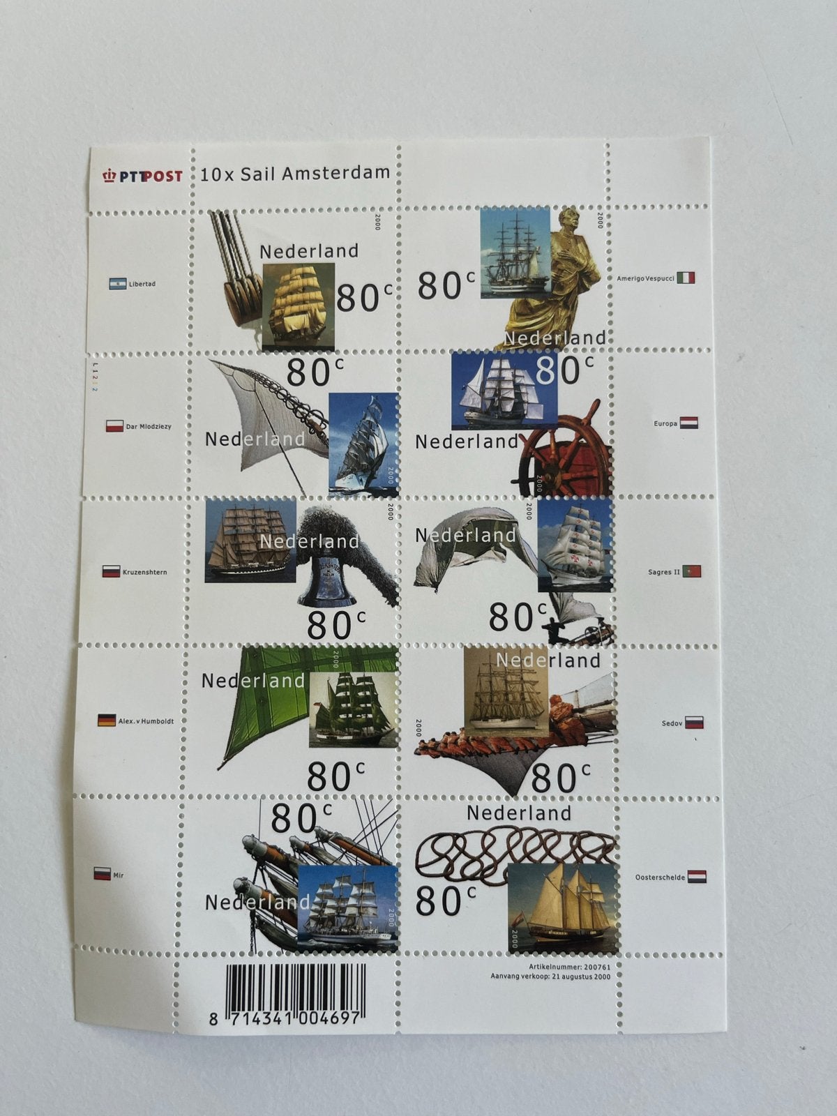 PTT Post 10x Sail Amsterdam Postzegelvel 80c, Postzegels en Munten, Postzegels | Nederland, Ophalen of Verzenden, Na 1940, Postfris