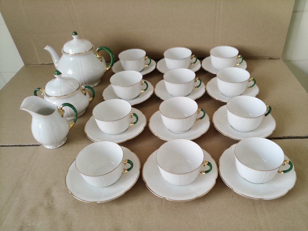 Vintage verguld theeservies koffieservies porselein Striegau, Ophalen of Verzenden