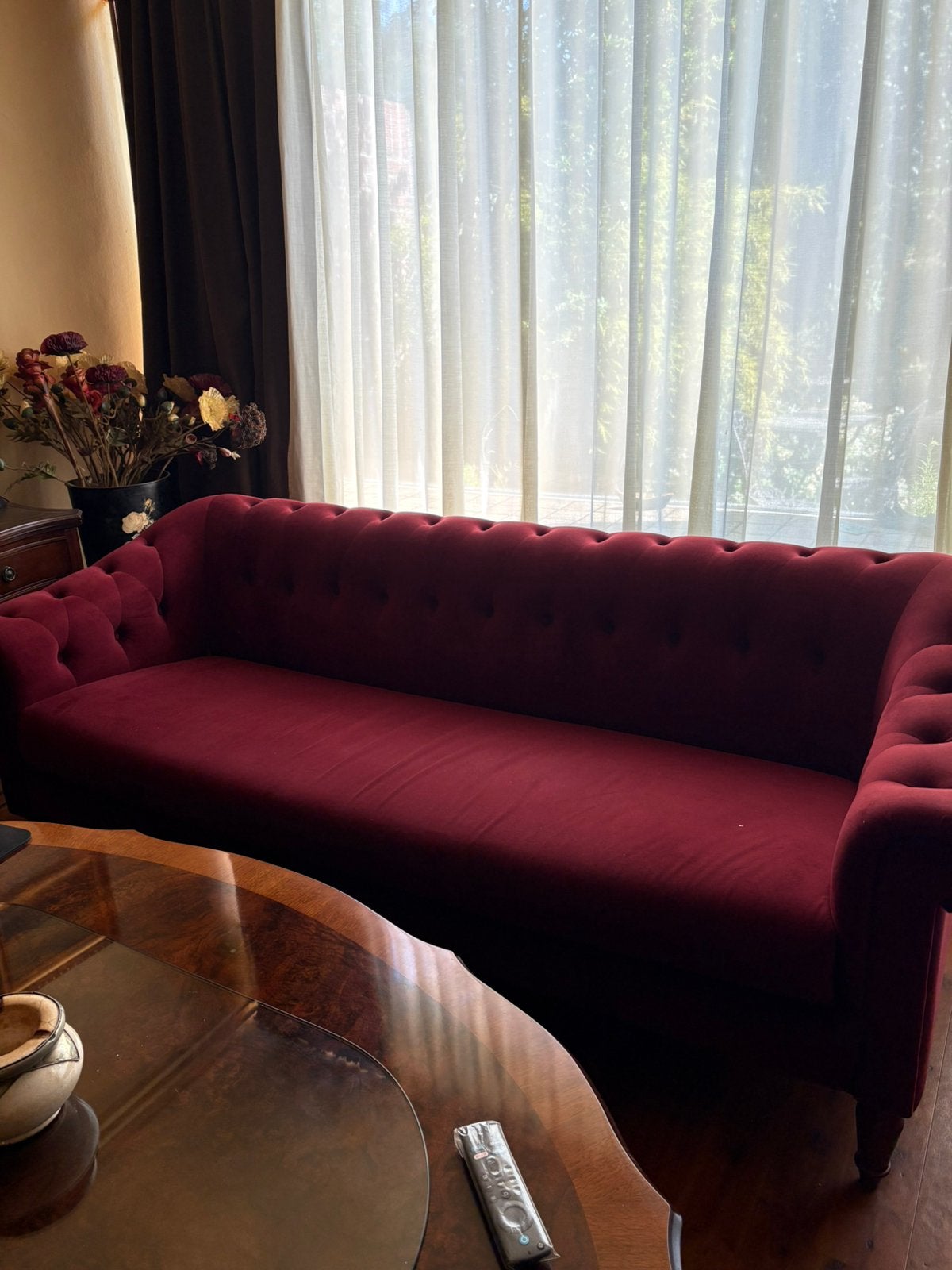 Bordeaux rood 2 bankstellen zo goed als nieuw, Ophalen, Chesterfield, Driepersoons, 75 tot 100 cm