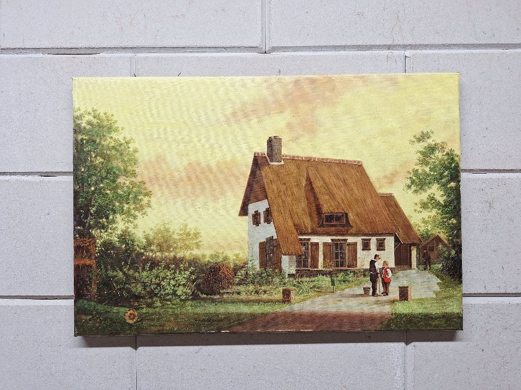 Schilderij met rietgedekt huis en figuren, Antiek en Kunst, Kunst | Schilderijen | Klassiek, Origineel werk, Doek, Realistisch