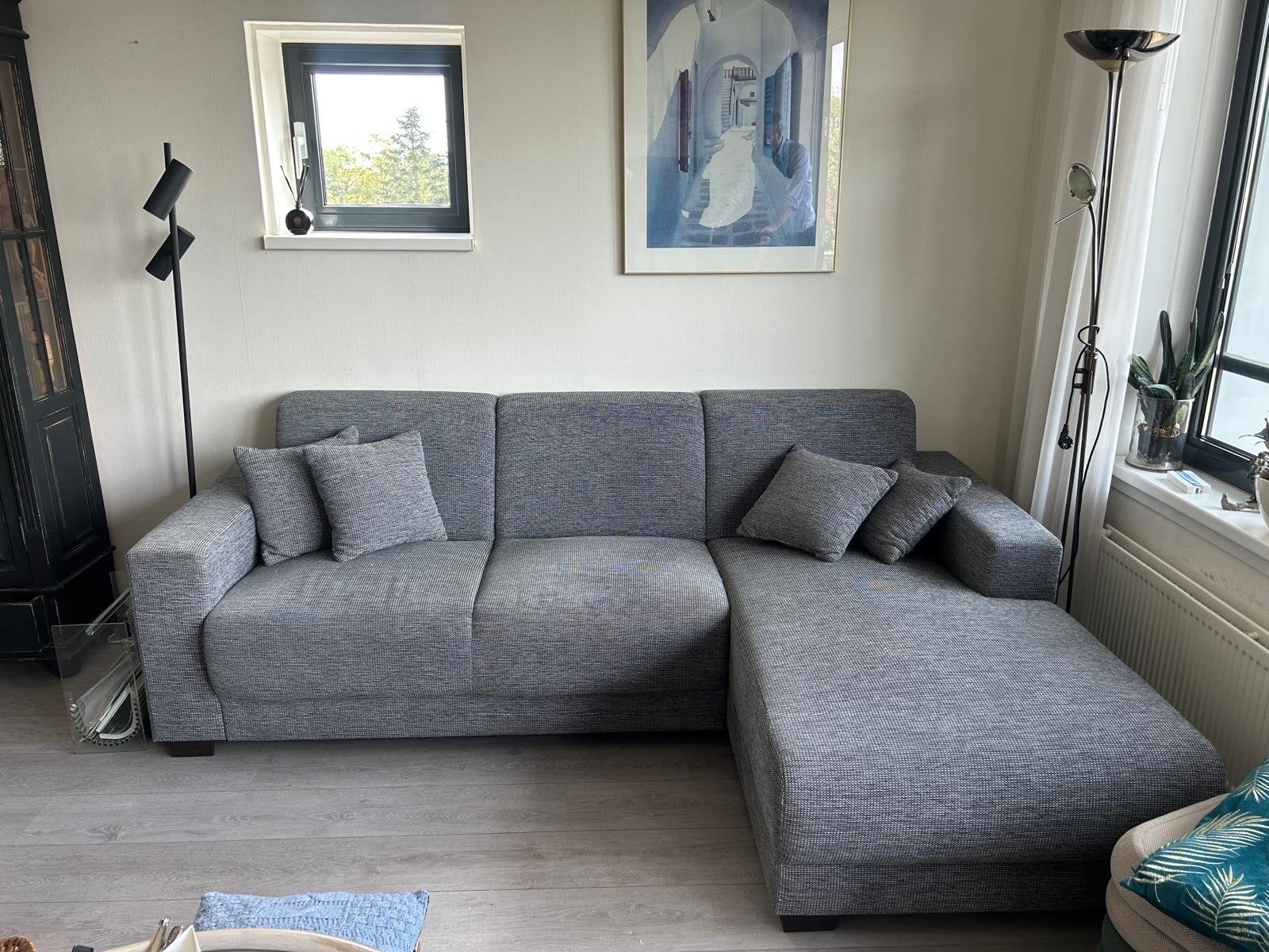 Comfortabele 2-3 zits bank met lounge en kussens, Ophalen, 250 tot 300 cm, Gebruikt, 100 tot 125 cm