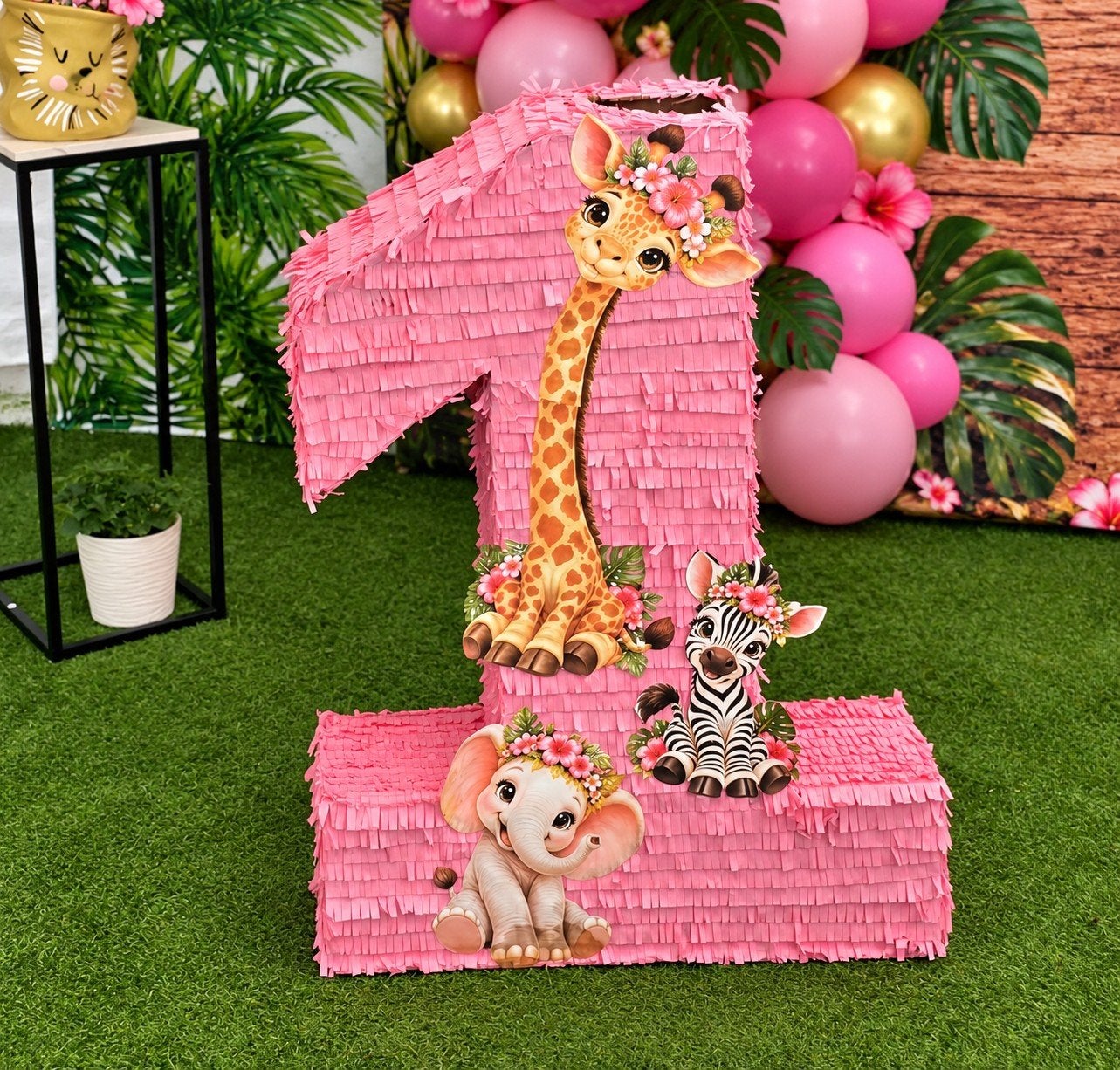 Roze 1e Verjaardag Piñata met Safari Dieren, Ophalen, Nieuw, Feestartikel, Verjaardag