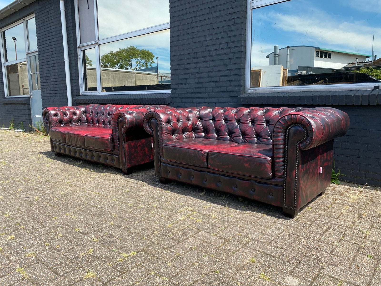 Chesterfield 3+2 zit bankstem Oxblood rood, Huis en Inrichting, Banken | Voetenbanken en Poefen, Ophalen, 125 cm of meer, Leer
