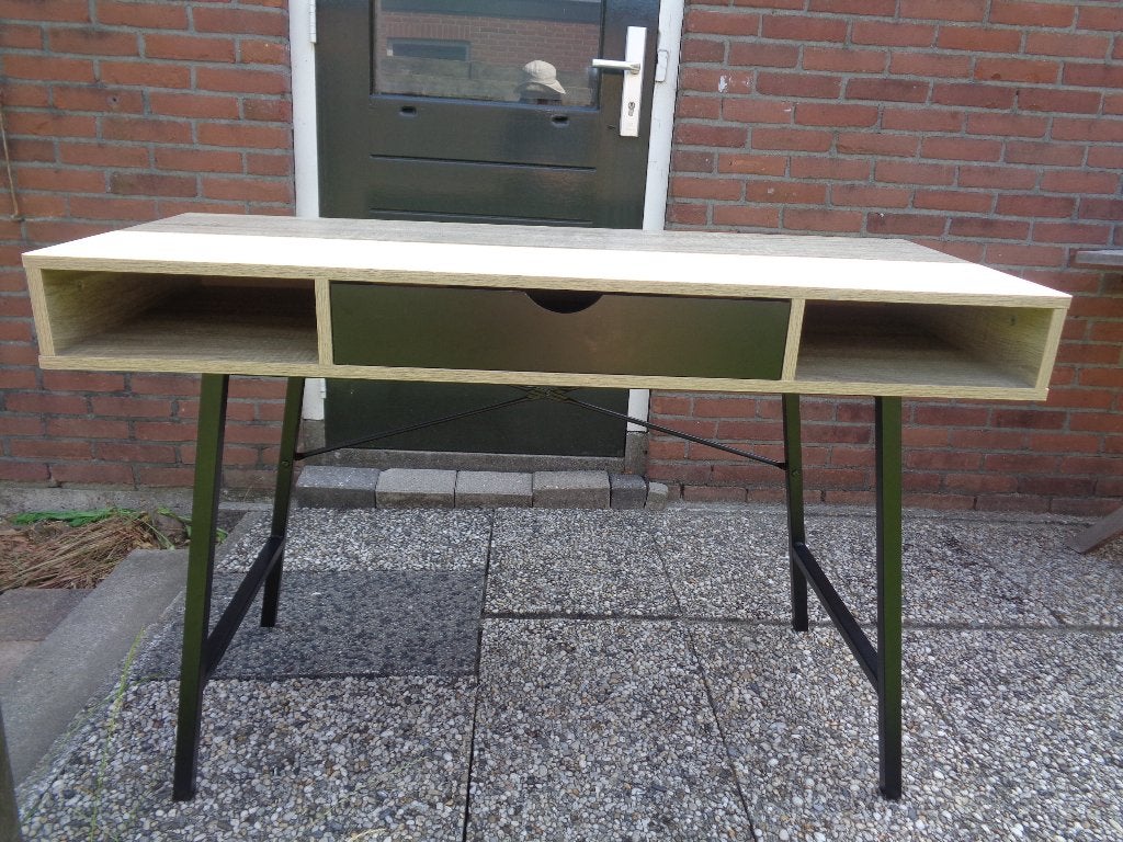 BUREAUTJE MET LADE + 2 VAKKEN metalen poten houten blad, Huis en Inrichting, Ophalen, Demontabel, Gebruikt