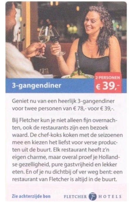 3-gangendiner Fletcher 2 personen € 39,-, Tickets en Kaartjes, Kortingen en Cadeaubonnen, Twee personen, Kortingsbon, Overige typen