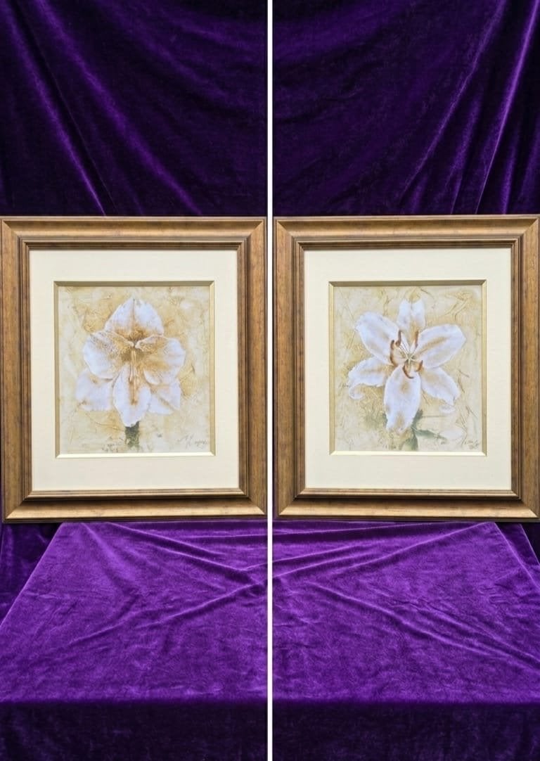 Set van 2 ingelijste bloemschilderijen, gesigneerd, Antiek en Kunst, Kunst | Schilderijen | Klassiek, Realistisch, Papier, Gemengde techniek
